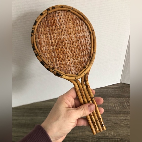 Vtg Burnt Bamboo Rattan Handheld Mirror - Picture 6 of 14